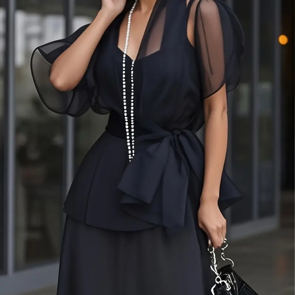 Elegant Sheer Organza Overlay Top with Waist Tie – Black